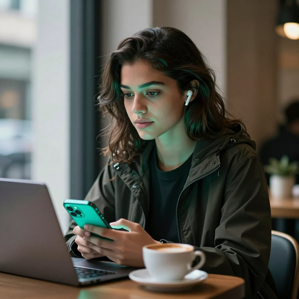 Aria at a café table, dark wavy hair, olive hooded jacket and white earbuds, teal phone in hand beside a laptop and a cappuccino; the screen's teal light on her face.