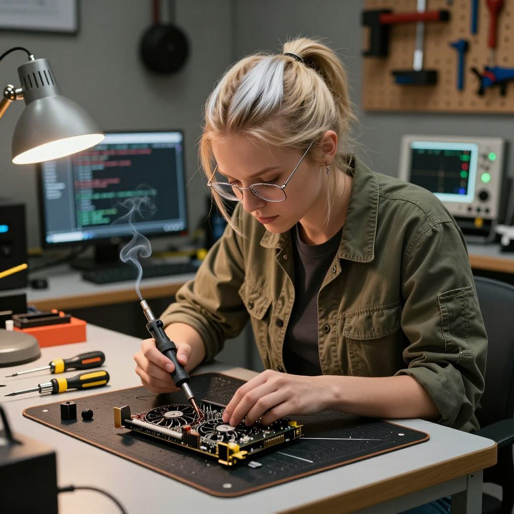 Ridge at the workbench soldering an open GPU on a silicone mat, blonde hair with one silver streak, thin metal-framed glasses, olive work jacket.
